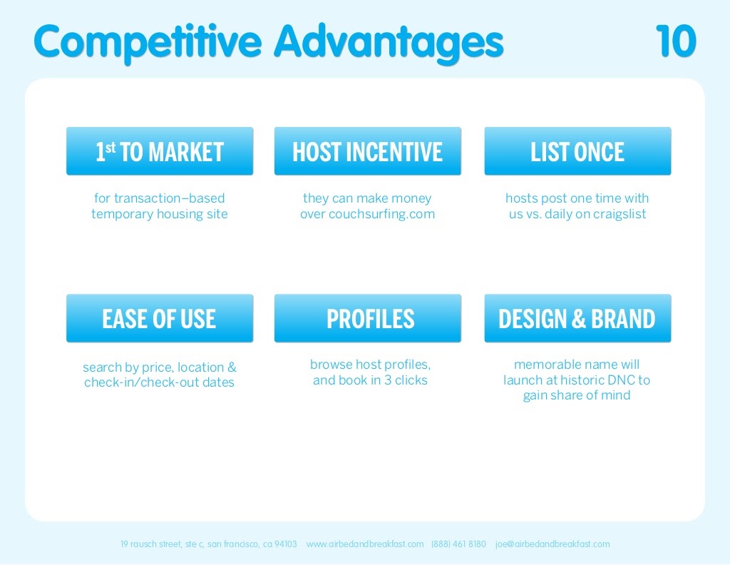 Airbnb pitch deck template. Competitive Advantages slide.