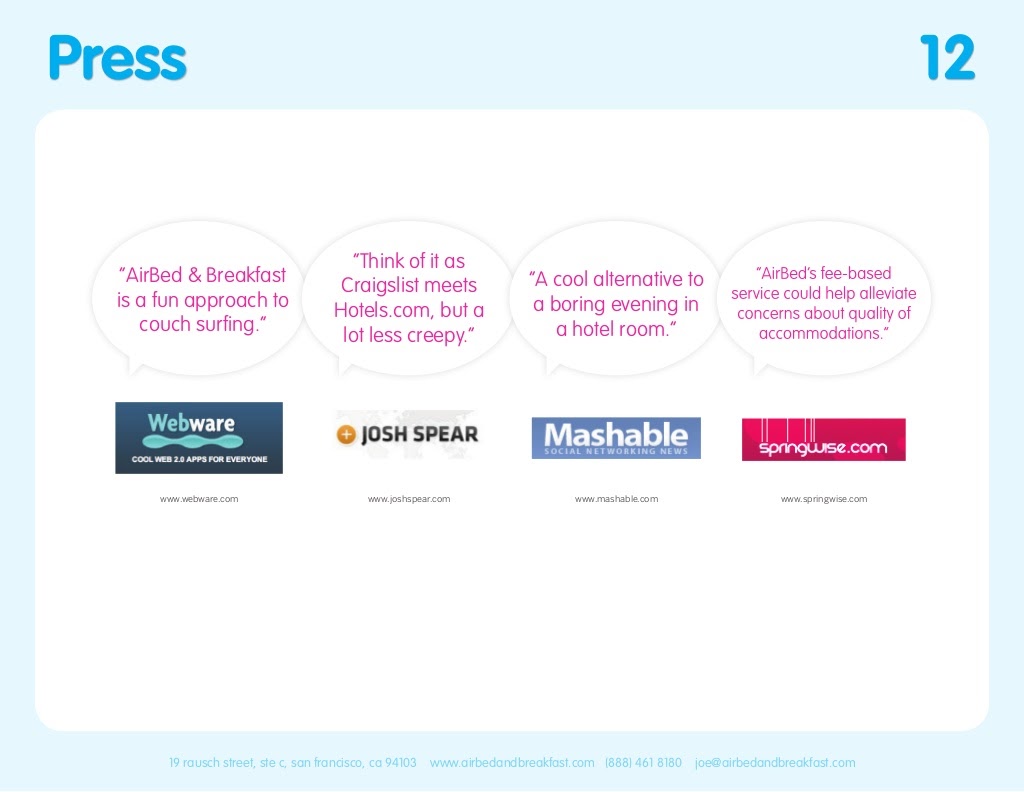 Airbnb pitch deck template. Press slide.