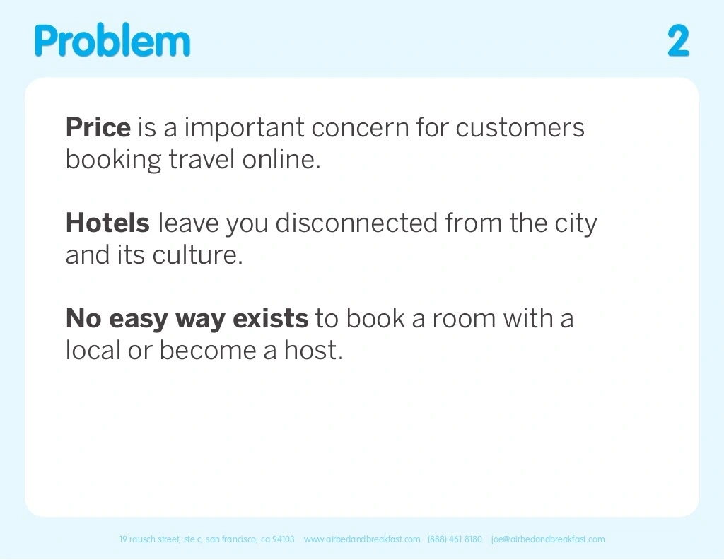 Airbnb pitch deck template. Problem slide.