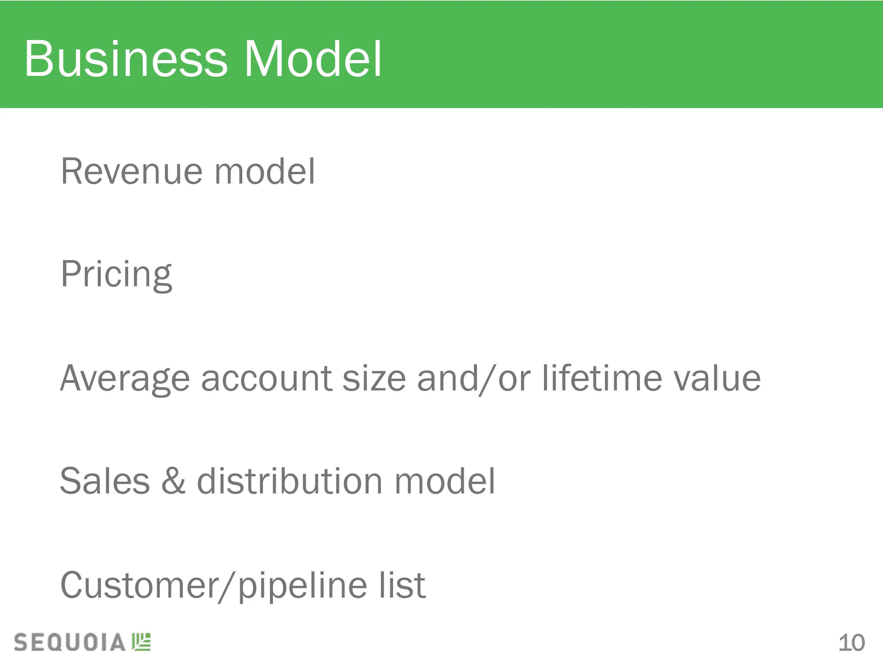 Sequoia Capital pitch deck template. Business Model slide.