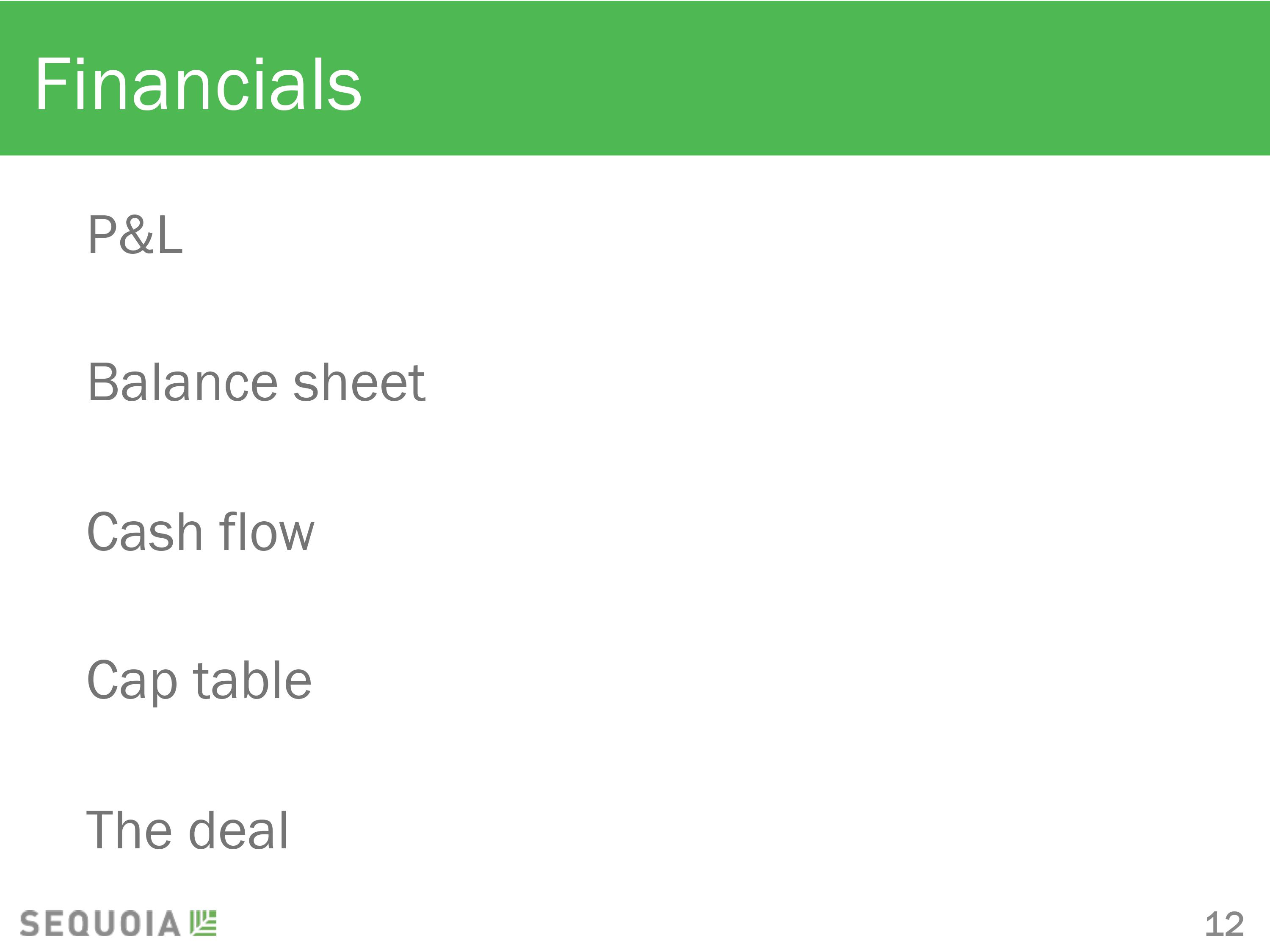 Sequoia Capital pitch deck template. Financials slide.