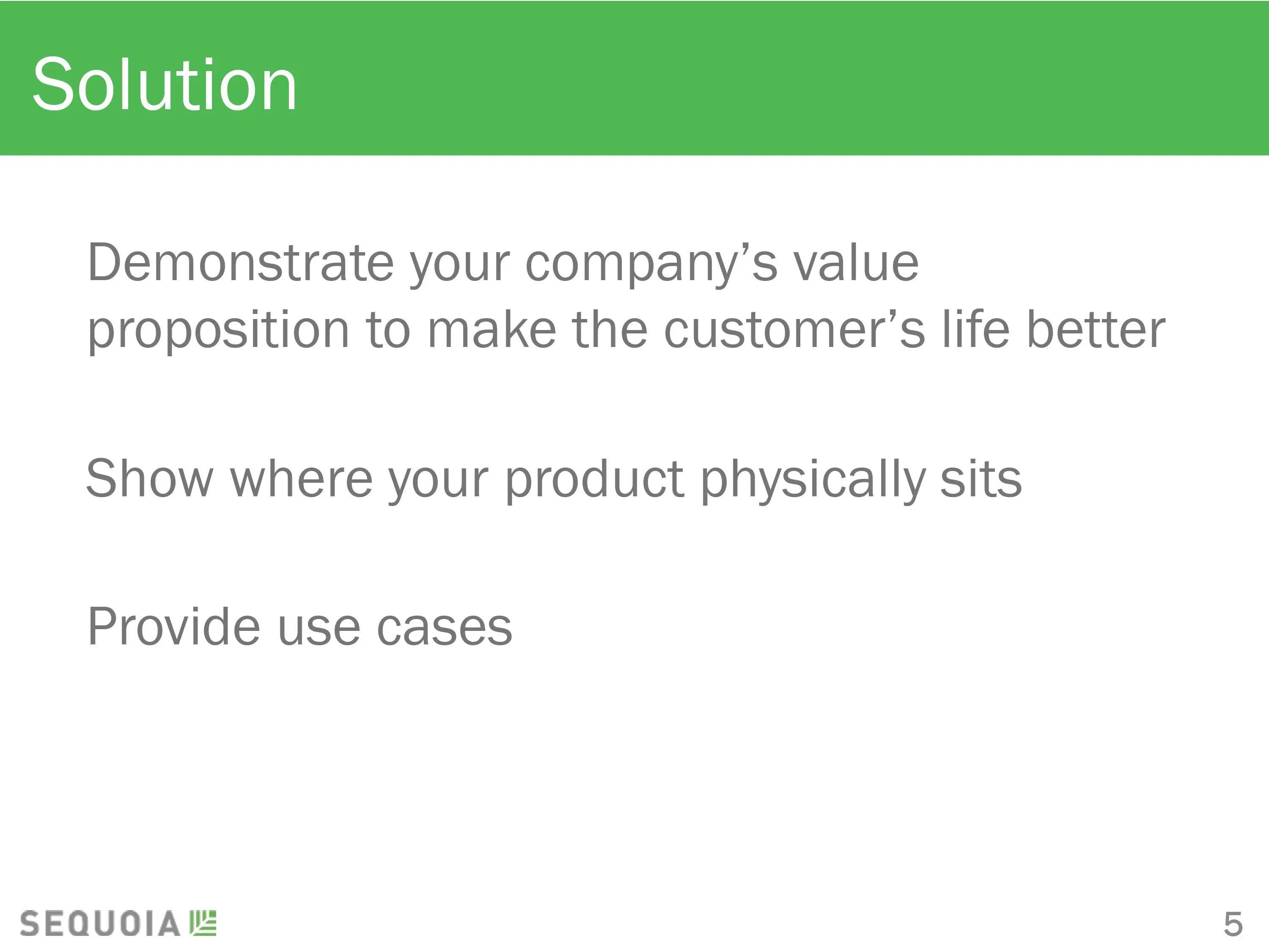 Sequoia Capital pitch deck template. Solution slide.